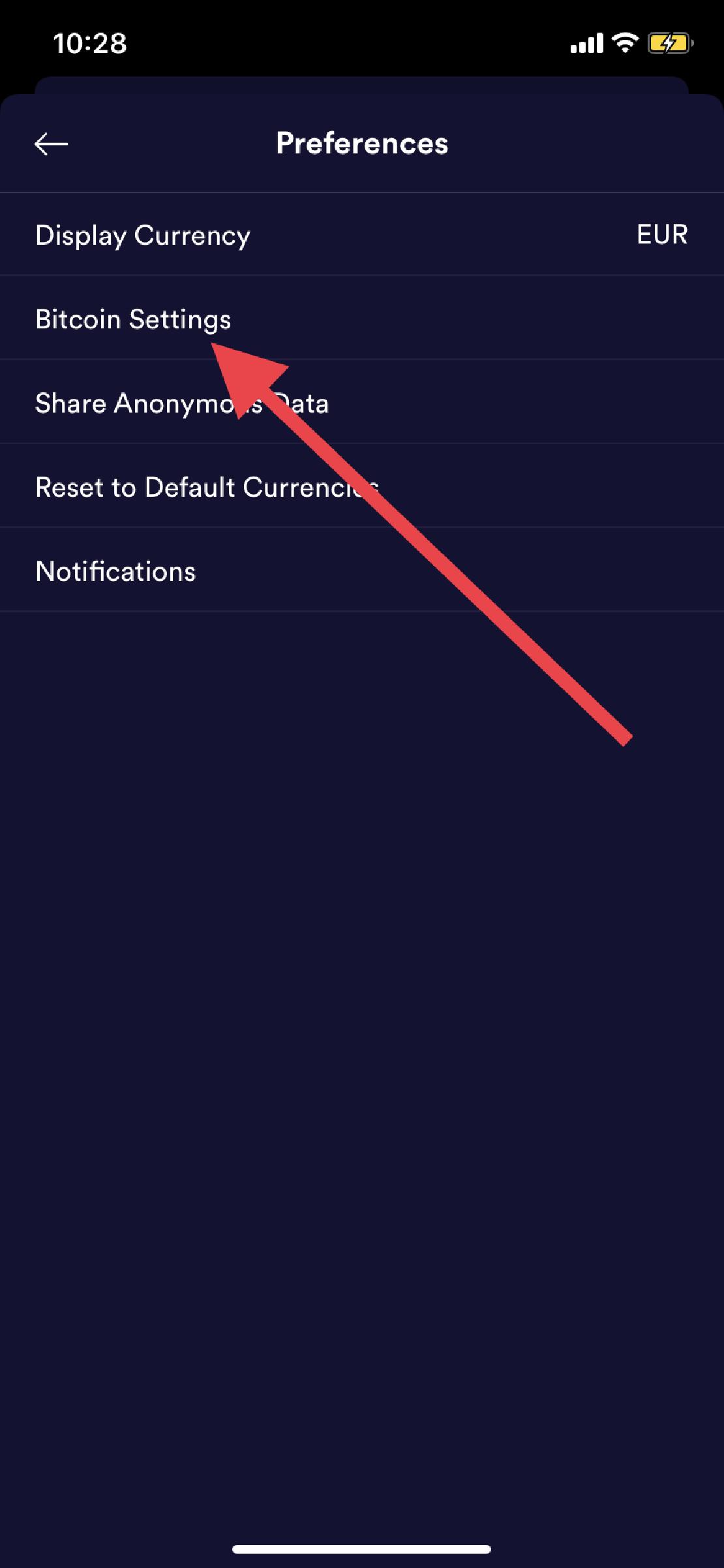 Bitcoin Settings kiválasztása a BRD walletben. 
